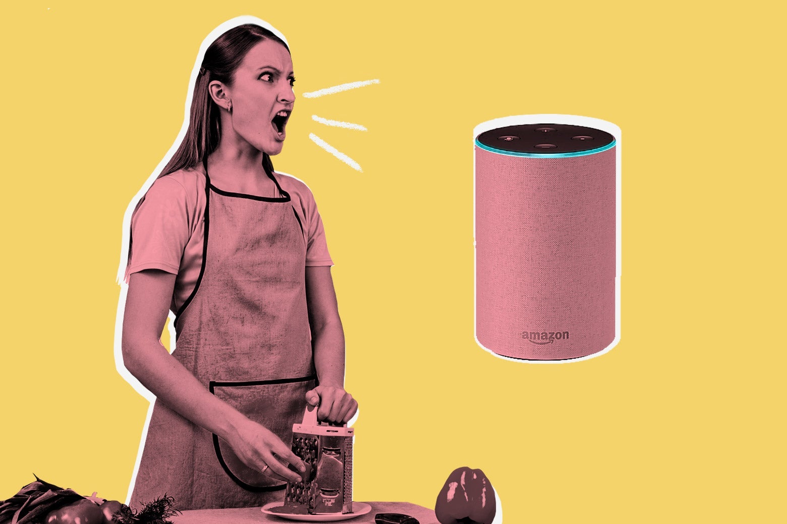 A woman in an apron yells at an Amazon Echo