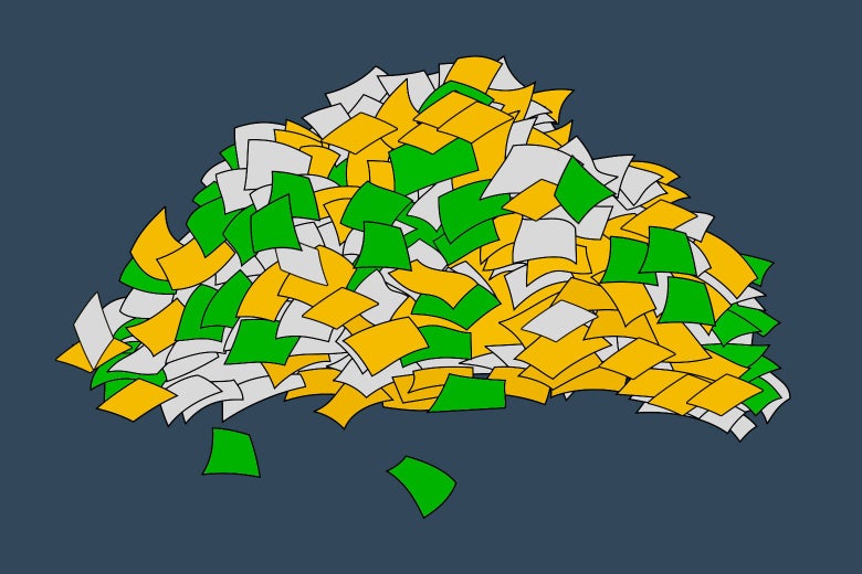 A jumbled pile of light gray, yellow, and green squares.