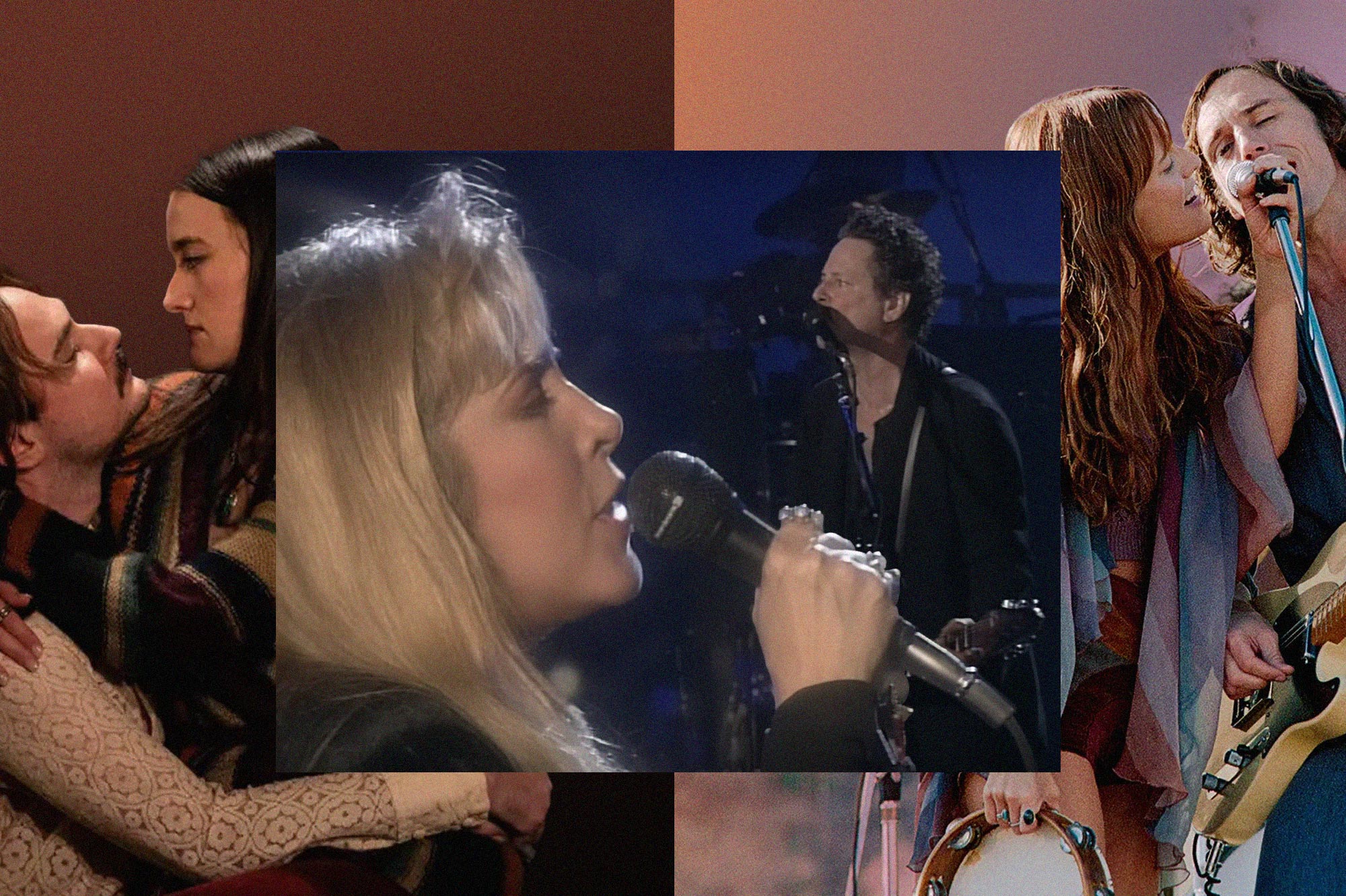 Collage of Stevie Nicks and Lindsey Buckingham in concert, with two fictional couples they helped inspire, in the play Stereophonic and the TV show Daisy Jones and the Six.