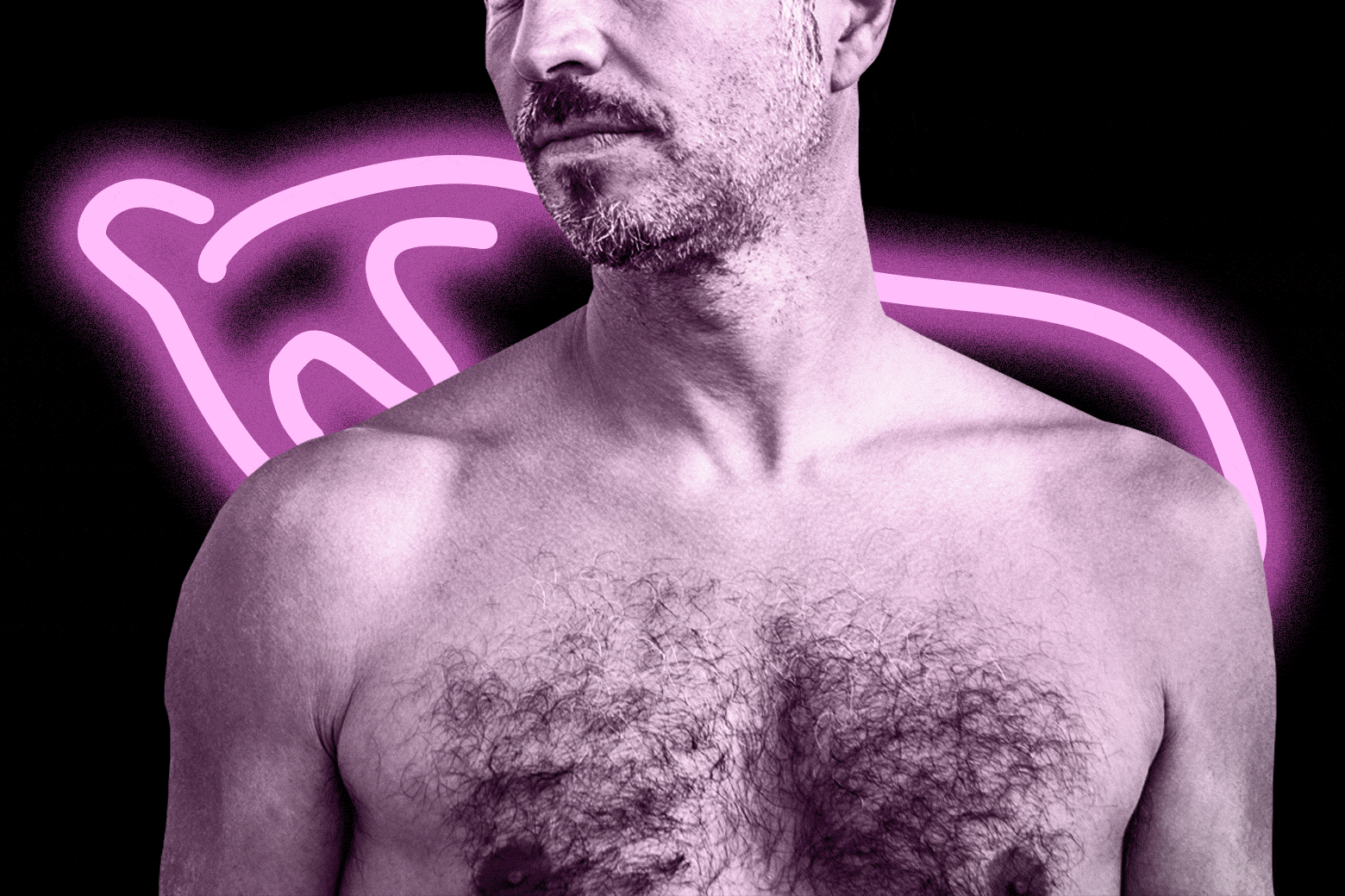A shirtless man in front of a flashing neon eggplant. 