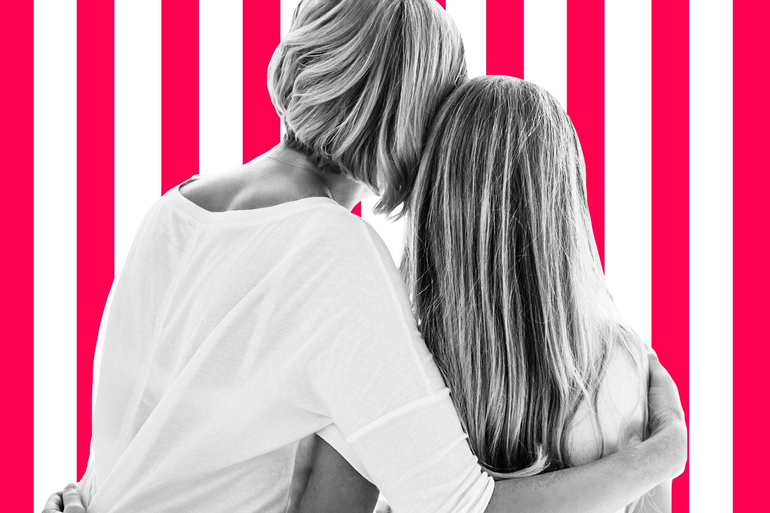 backsides of a woman hugging a teen girl (or young woman) over rotating pink and white bars