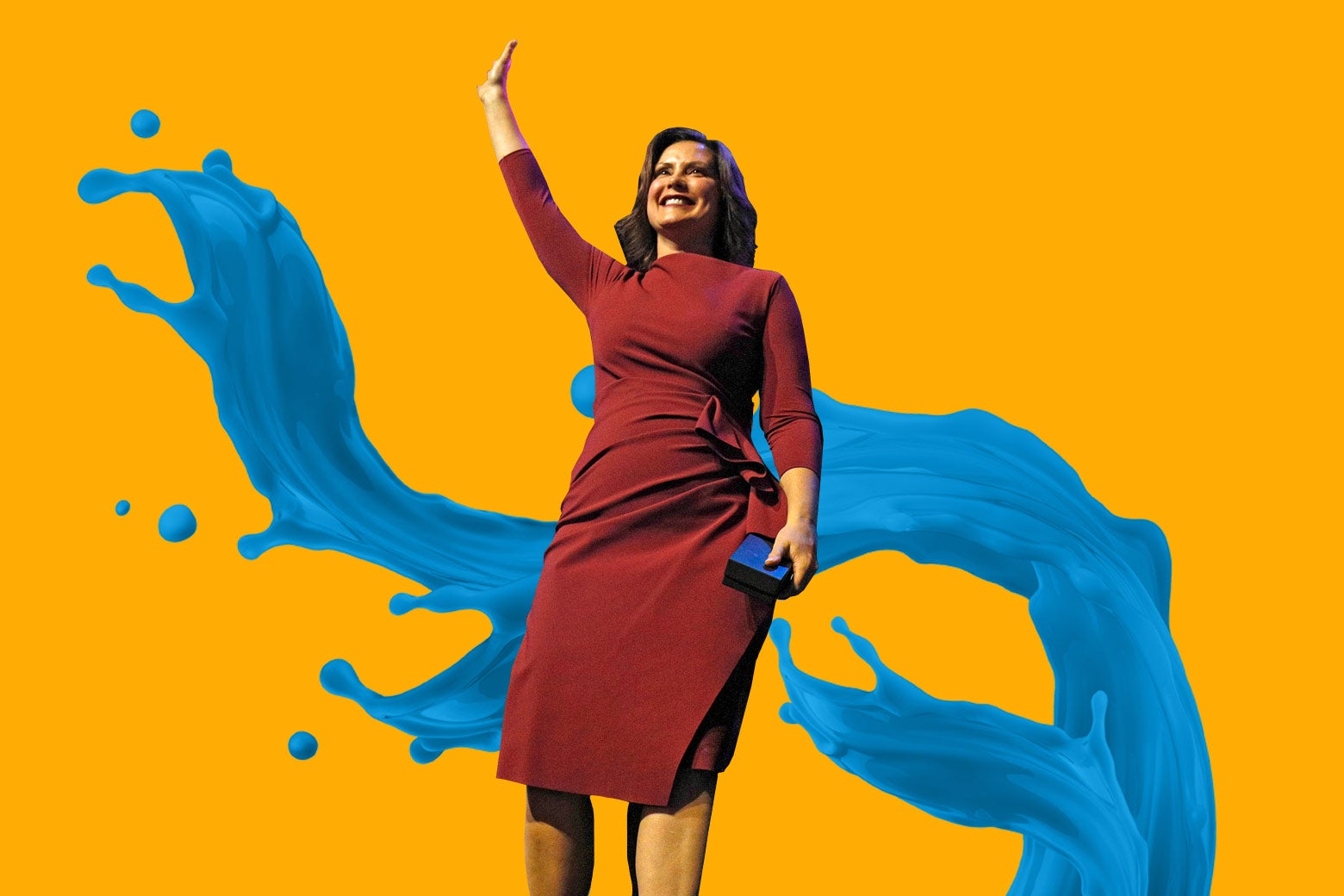 Gretchen Whitmer over a blue wave of water