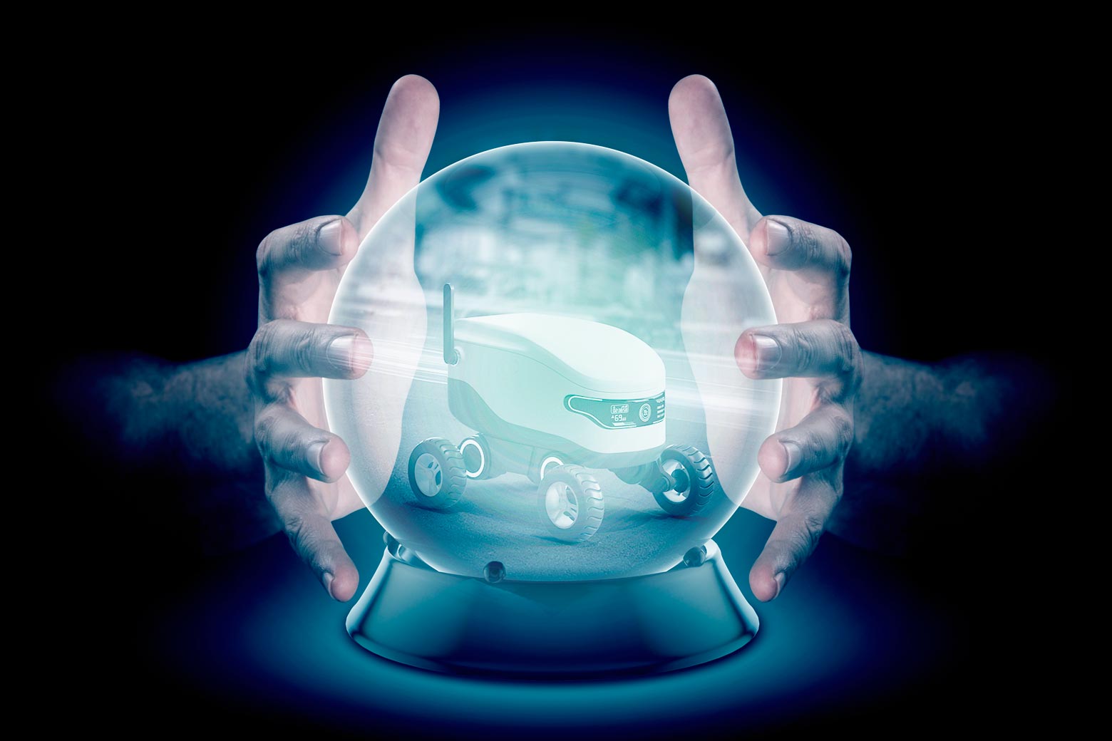 Two hands around a crystal ball with an image of a delivery robot inside it