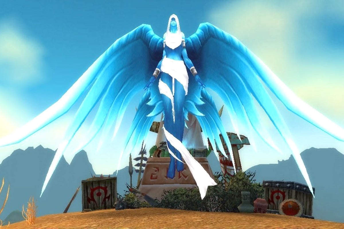 An angelic figure guards the Shrine of the Fallen Warrior in World of Warcraft's Barrens map, a Horde location.