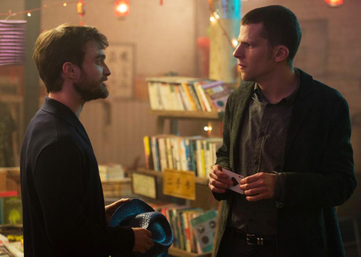 Jesse Eisenberg and Daniel Radcliffe in Now You See Me 2.