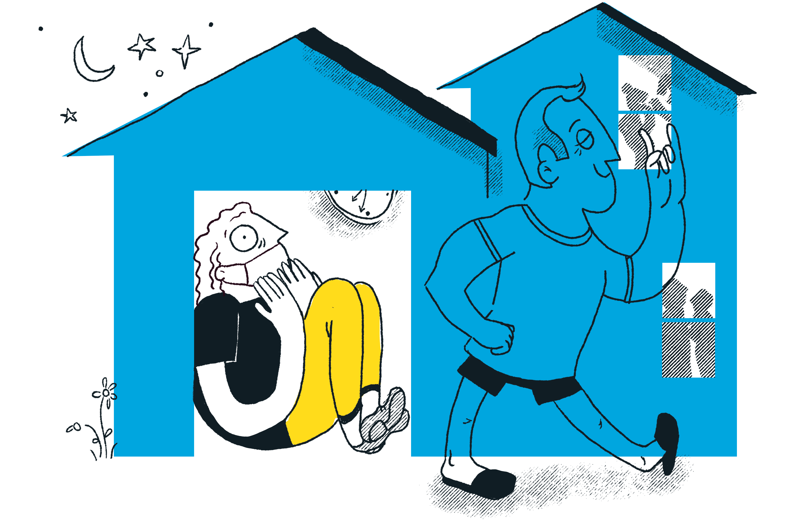 An illustration of a woman in a mask nervously cowering at home as a man heads out with no mask, making the rock 'n' roll sign with his hand.