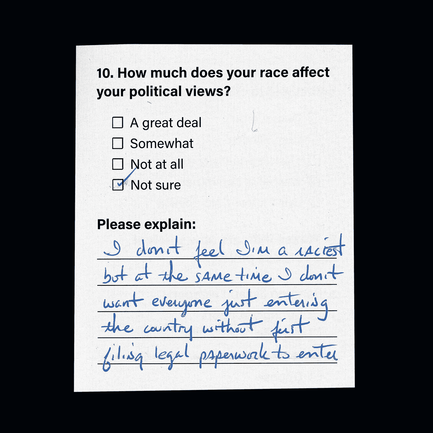 A handwritten response to a question on the survey.