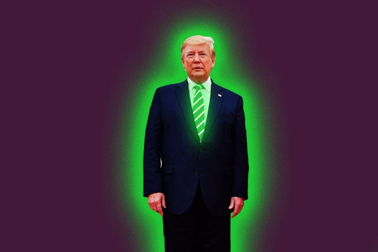 Donald Trump in a suit, glowing green as though irradiated.