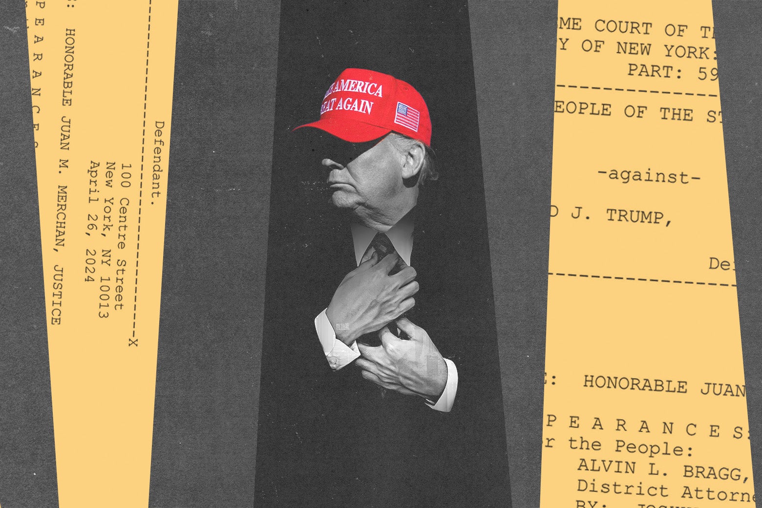 Black-and-white image of Trump as a mob boss, straightening his tie and looking vaguely menacing, with gold court documents scattered around the borders of the picture. He wears a red MAGA baseball cap.