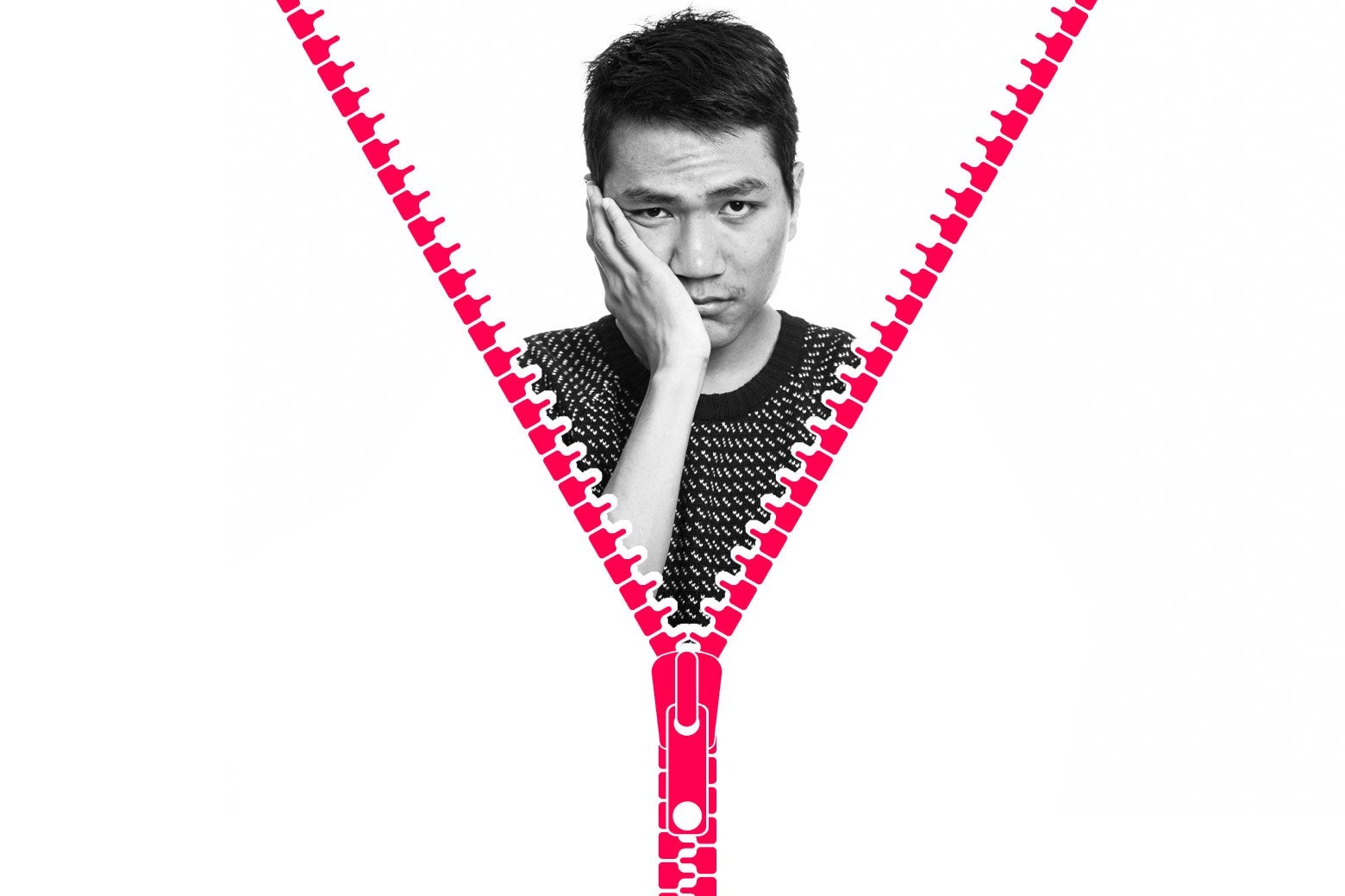 A man looking glum above a graphic of a zipper being pulled up