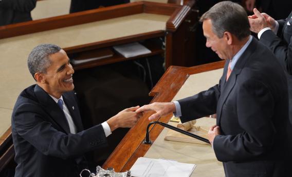 President Barack Obama shakes hands with House Speaker John Boehner after delivering his State of the Union address before a joint session of Congress on Feb. 12, 2013, at the U.S. Capitol in Washington, D.C.