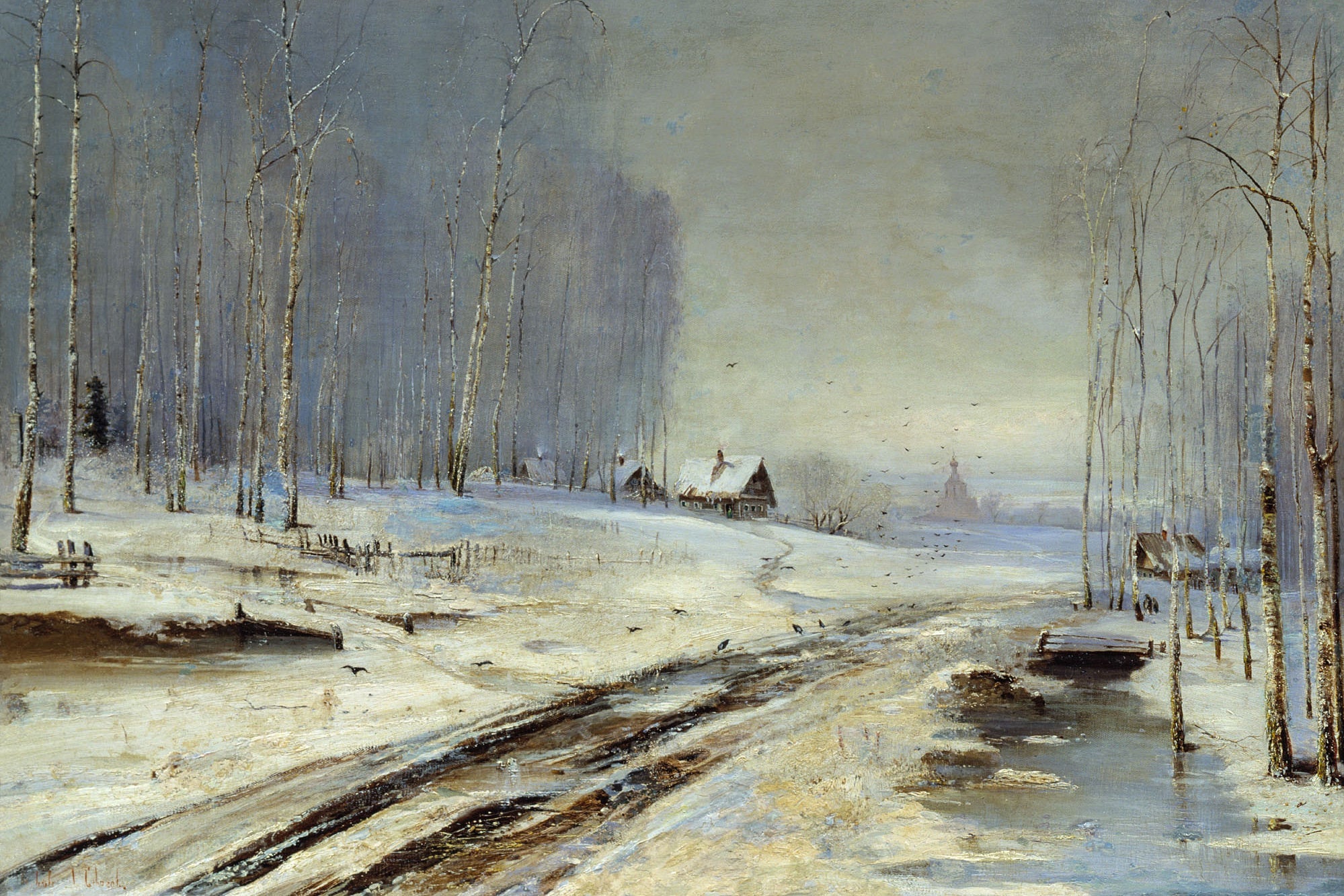 A muddy road in early spring, with a cottage in the distance
