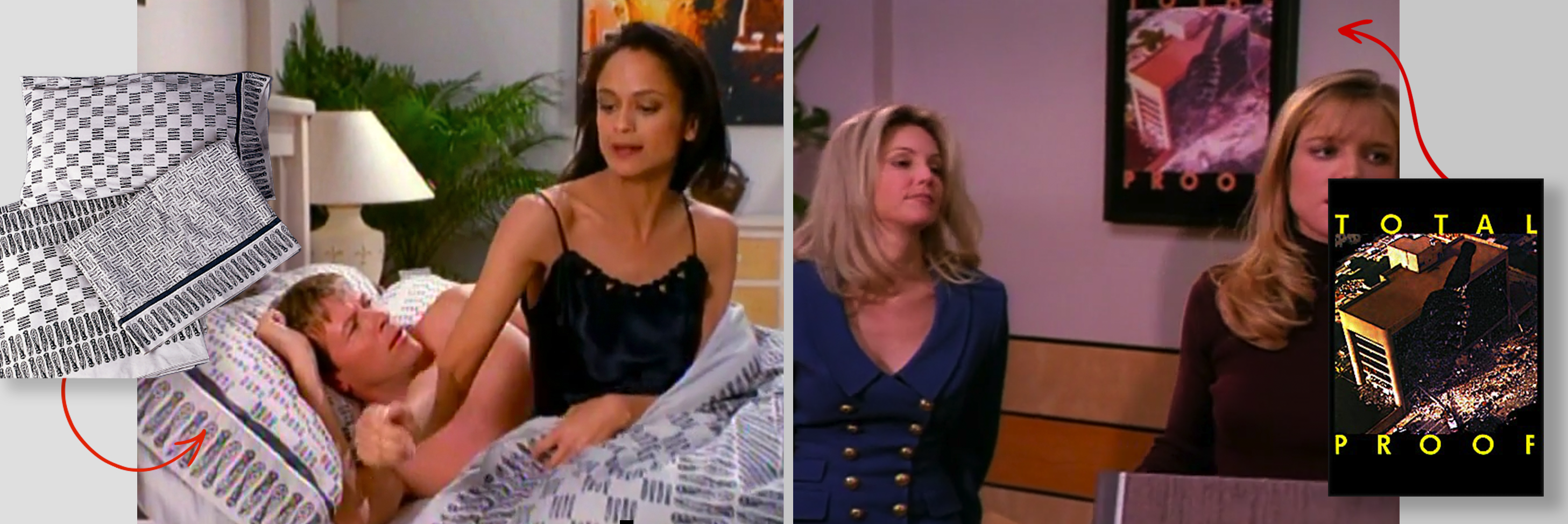 Left: A man and a woman on a TV show recline in a bed whose sheets portray unrolled condoms. Right: Two office workers on a TV show; on the wall behind them is a poster reading TOTAL PROOF and showing the results of the bombing in Oklahoma City.