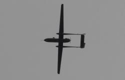 An Israeli drone as seen from the ground in Gaza