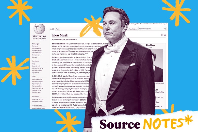 Elon Musk in a tuxedo, in front of his Wikipedia page. Text in the corner: Source Notes.