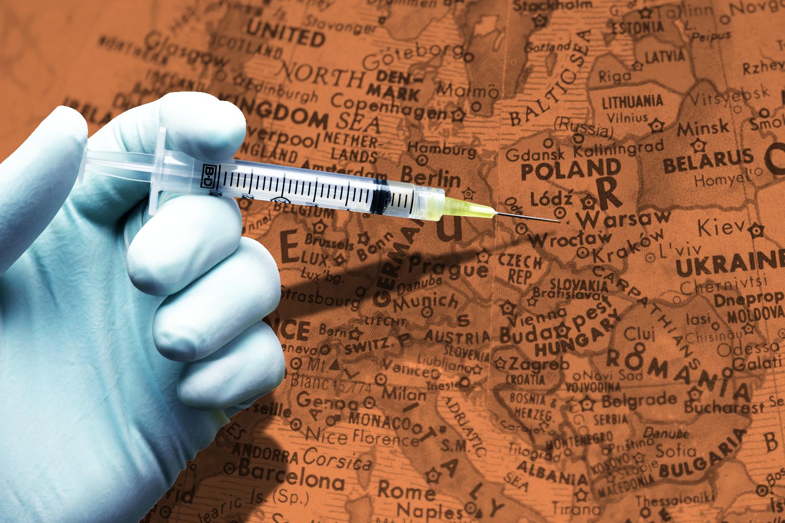 A gloved hand holds a syringe up to a map of Europe.
