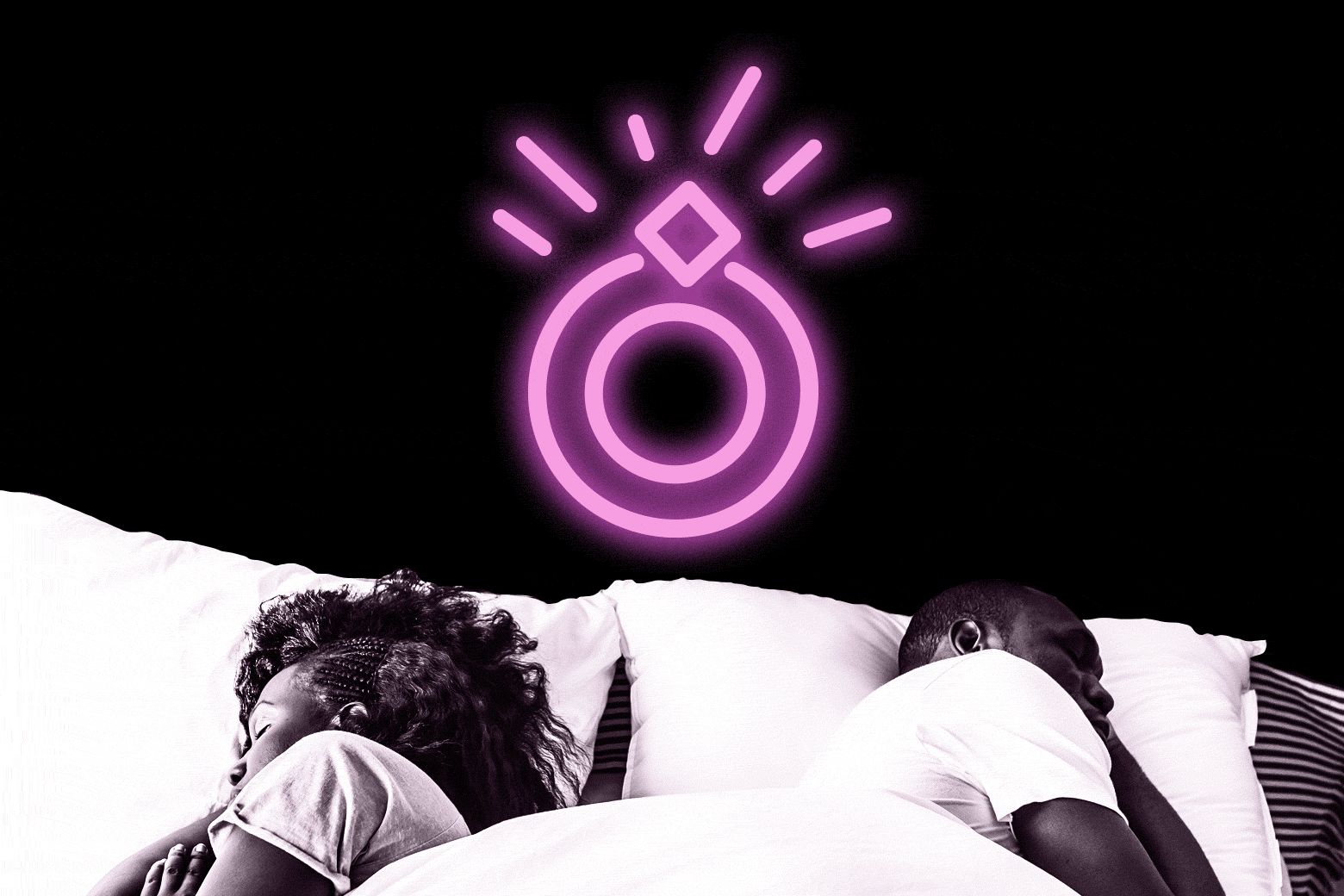GIF of a couple sleeping in a bed but facing away from one another. An engagement ring neon light glows in the background.