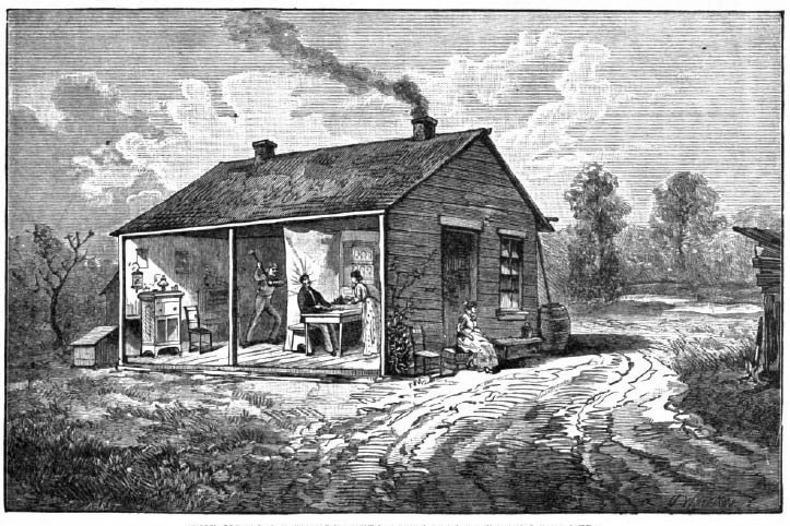 A black-and-white line drawn illustration of a cabin in which a murder is taking place. 