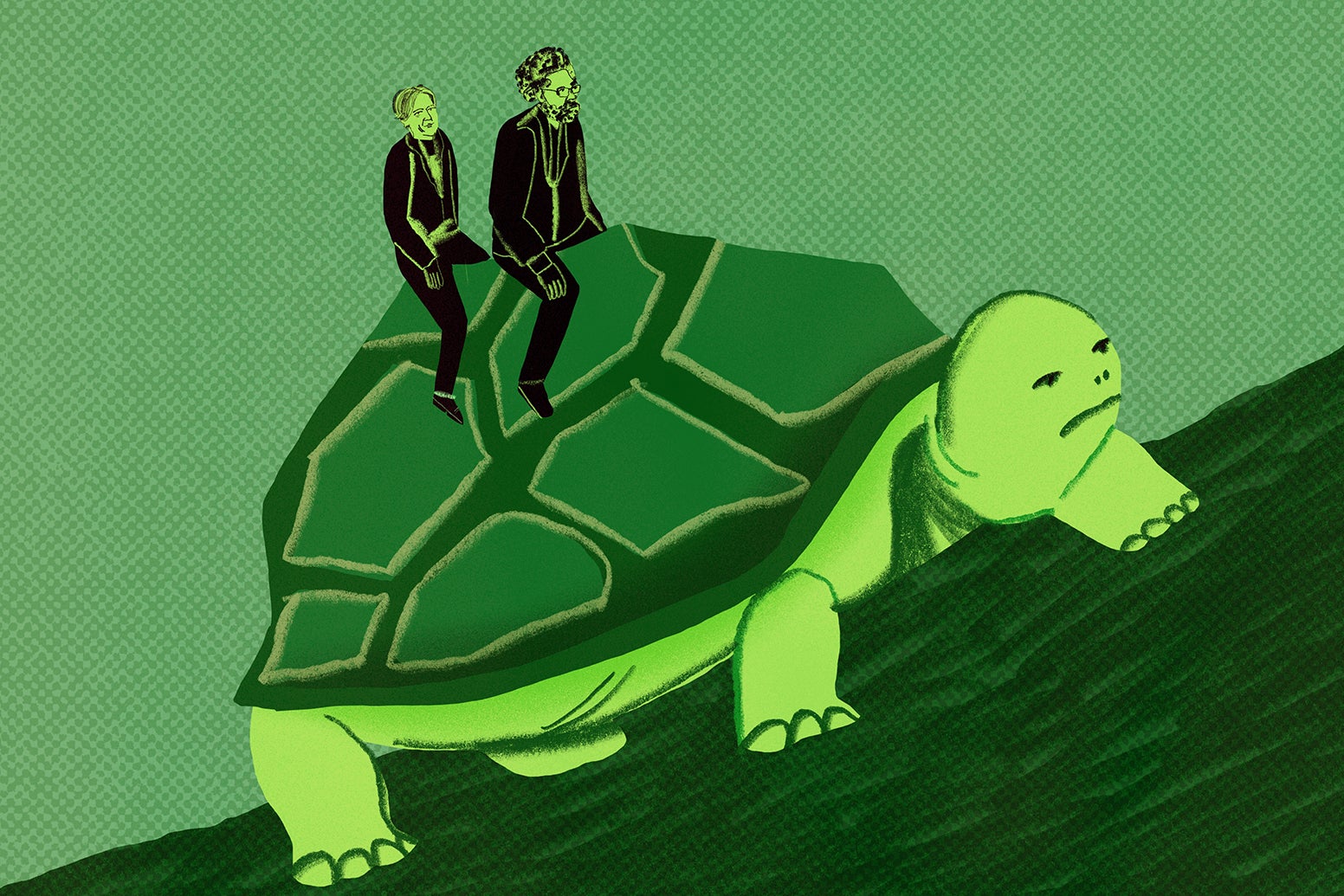 Jill Stein and Cornel West riding on a turtle