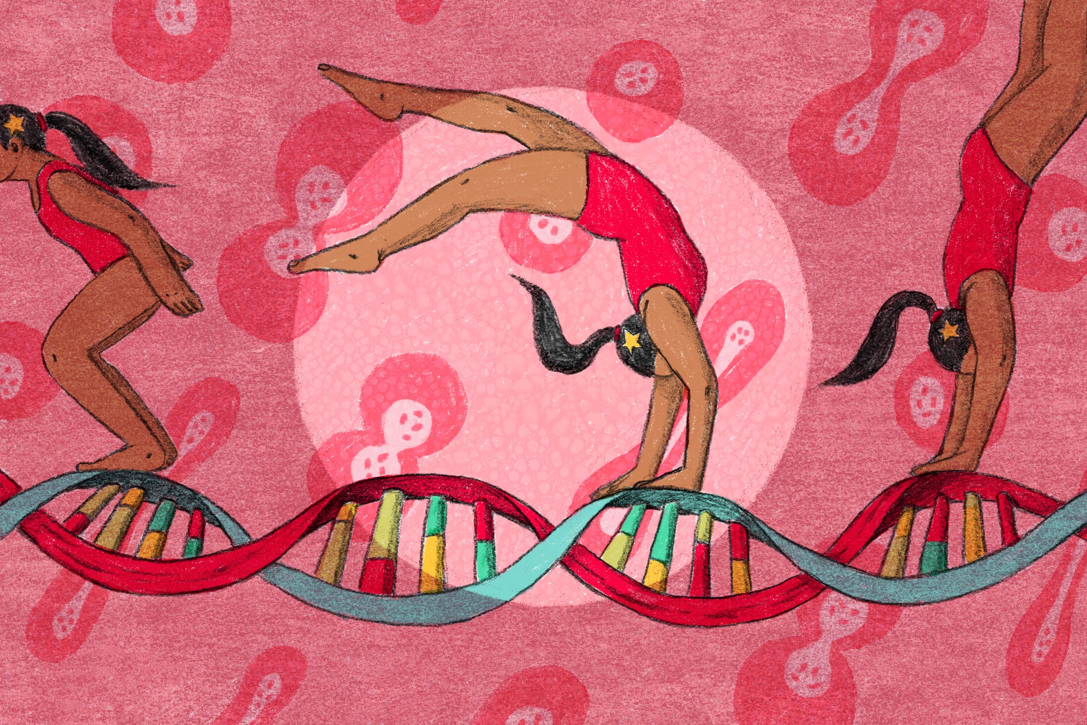 A gymnast doing a routine on a strand of DNA.