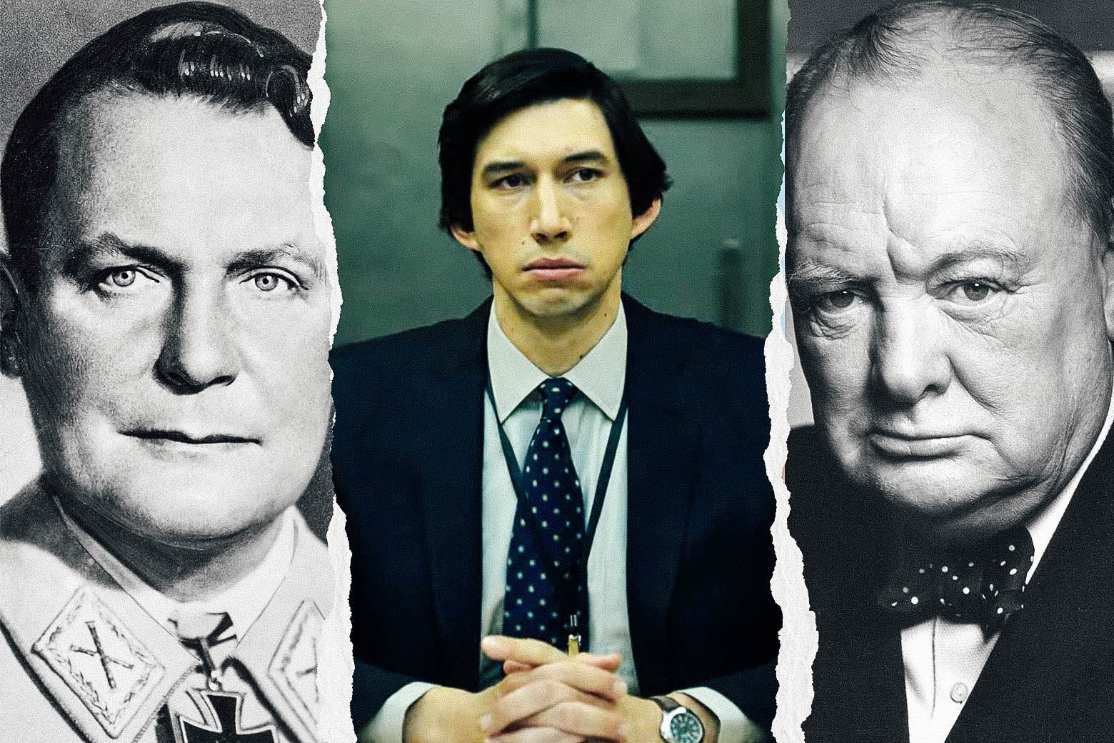 Photo side-by-side of Hermann Göring, Adam Driver, and Winston Churchill