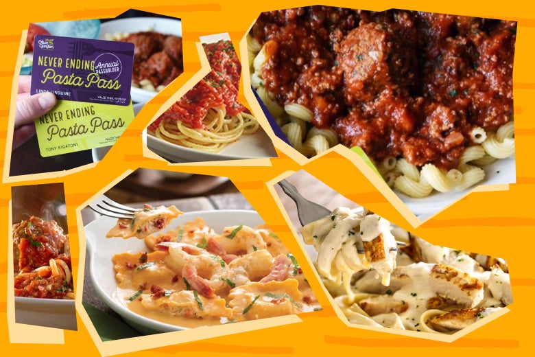 A feast of various pastas from Olive Garden or whatever Pasta Pass branding they have out.