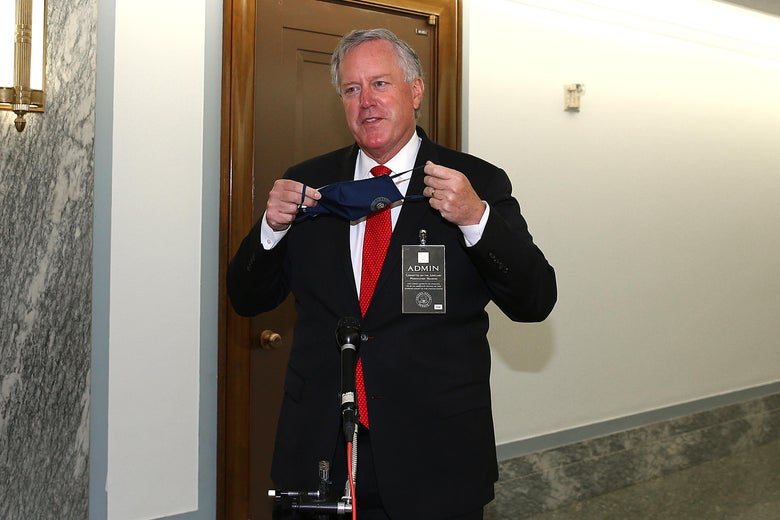 White House chief of staff Mark Meadows departs the Senate Judiciary Committee confirmation hearing for Supreme Court nominee Judge Amy Coney Barrett on Capitol Hill on October 12, 2020 in Washington, D.C.