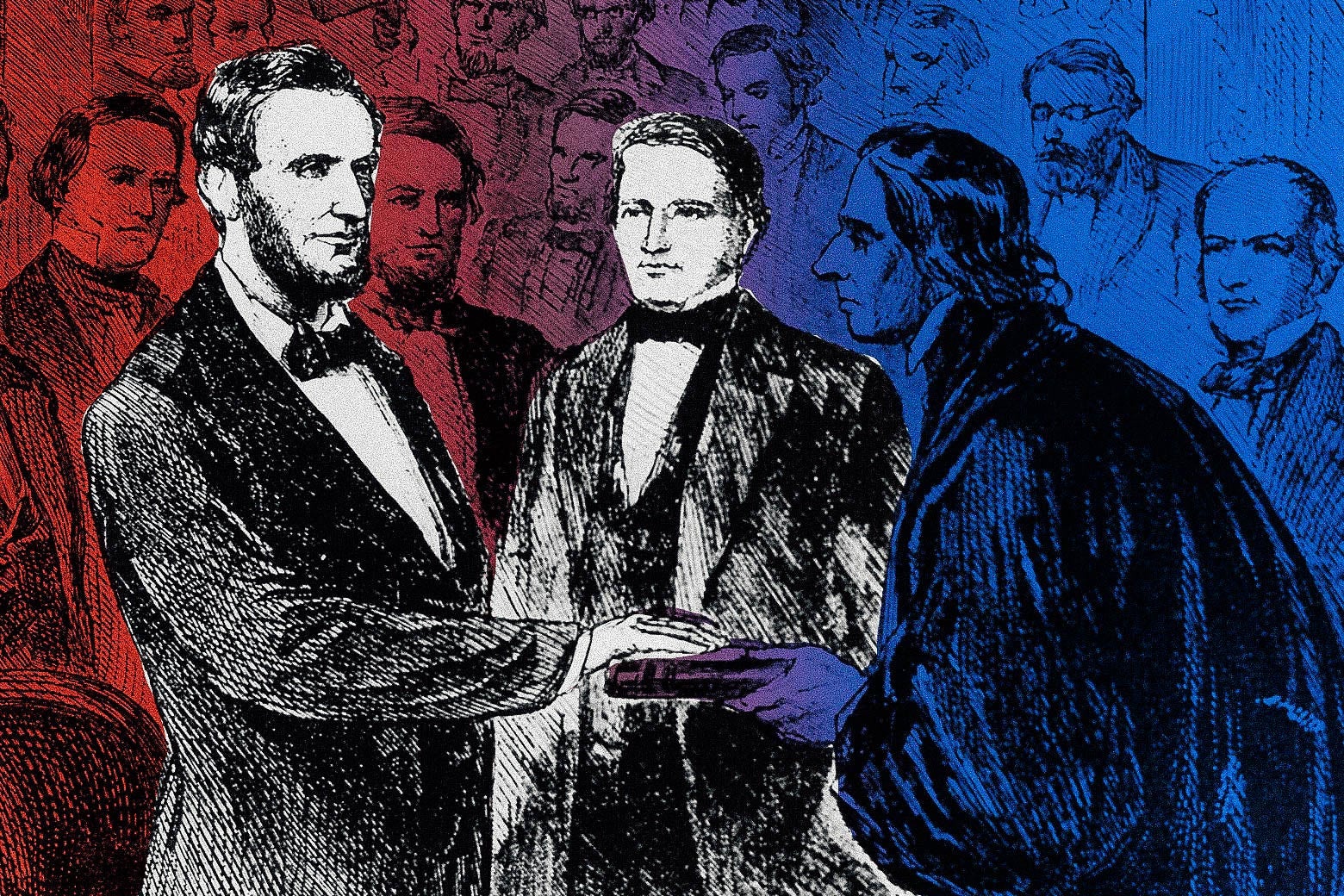 An illustration of Lincoln being sworn in on a Bible with James Buchanan standing next to him.