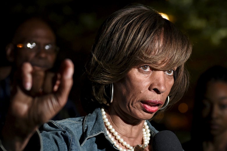 Catherine Pugh, then a State Senator, speaks during a TV interview near the City Hall in Baltimore, May 2, 2015. 