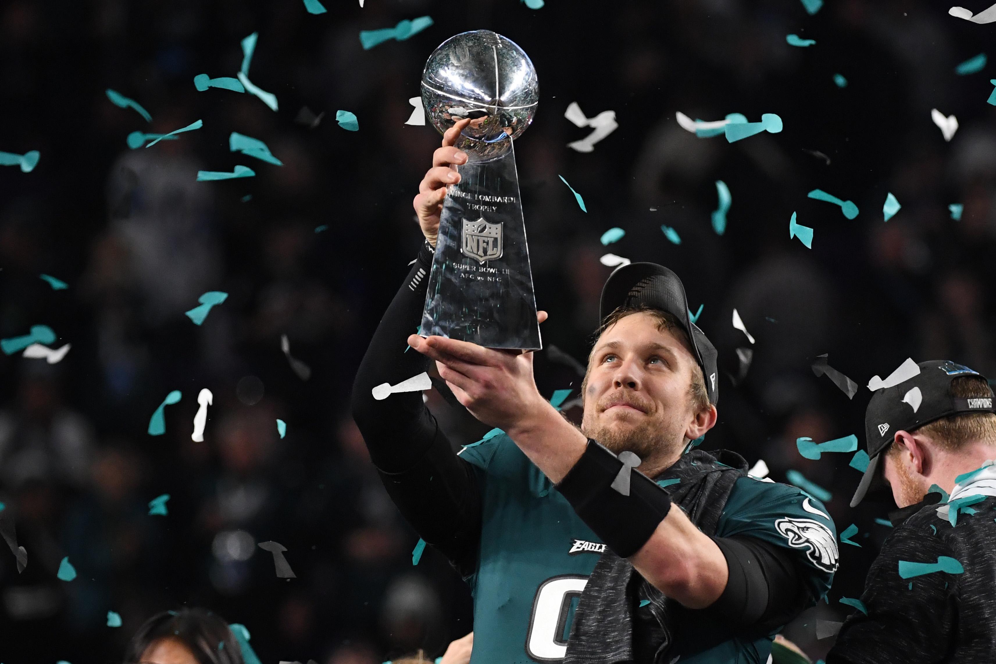 Quarterback Nick Foles of the Philadelphia Eagles celebrates following victory over the New England Patriots in  Super Bowl LII at US Bank Stadium in Minneapolis, Minnesota, on February 4, 2018.
The Philadelphia Eagles scored a stunning 41-33 upset victory over the New England Patriots to win their first ever Super Bowl after a costly Tom Brady fumble ended the quarterback's tilt at history.
 / AFP PHOTO / TIMOTHY A. CLARY        (Photo credit should read TIMOTHY A. CLARY/AFP/Getty Images)