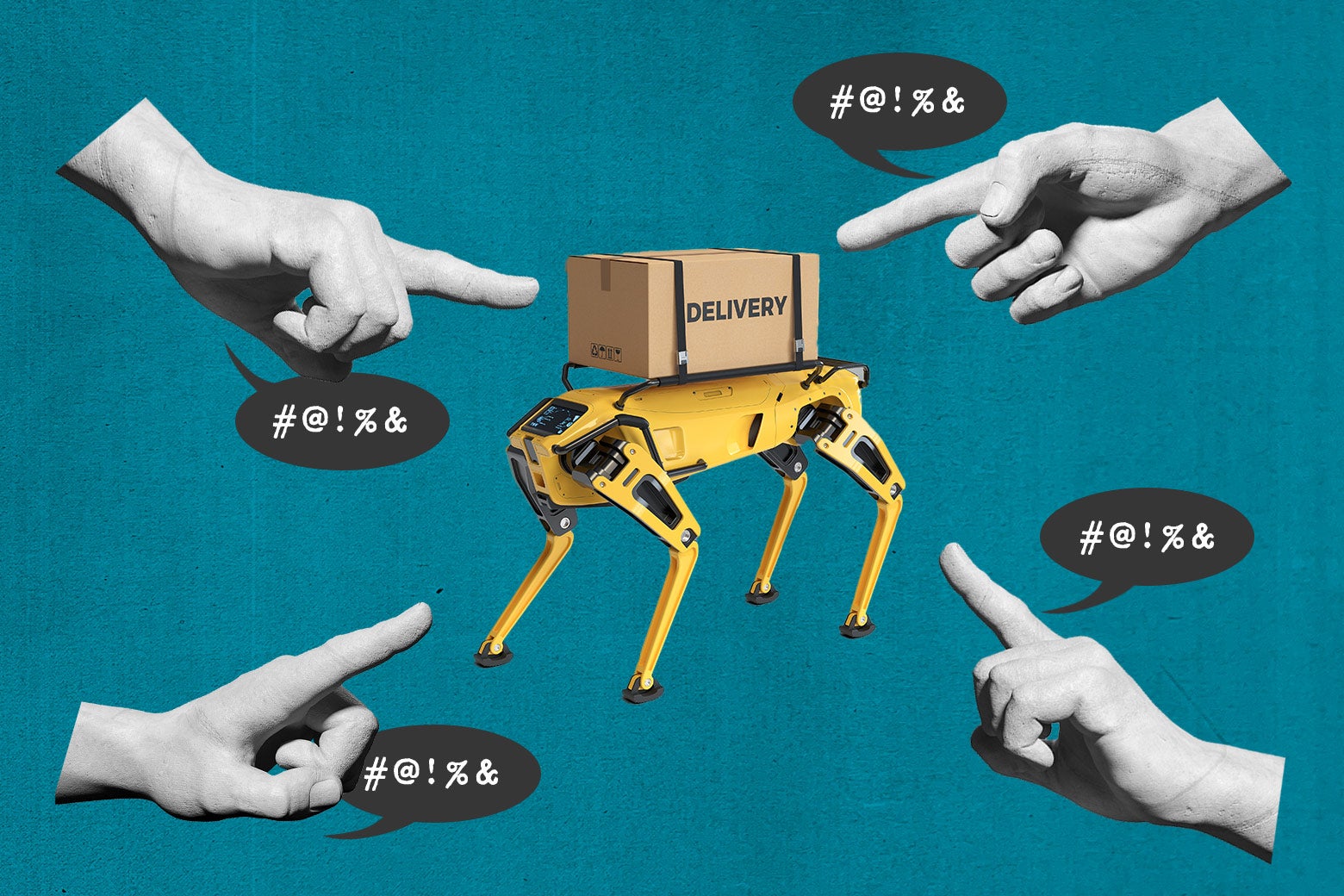 Os dedos apontam para um robô de entrega, com balões de fala contendo: