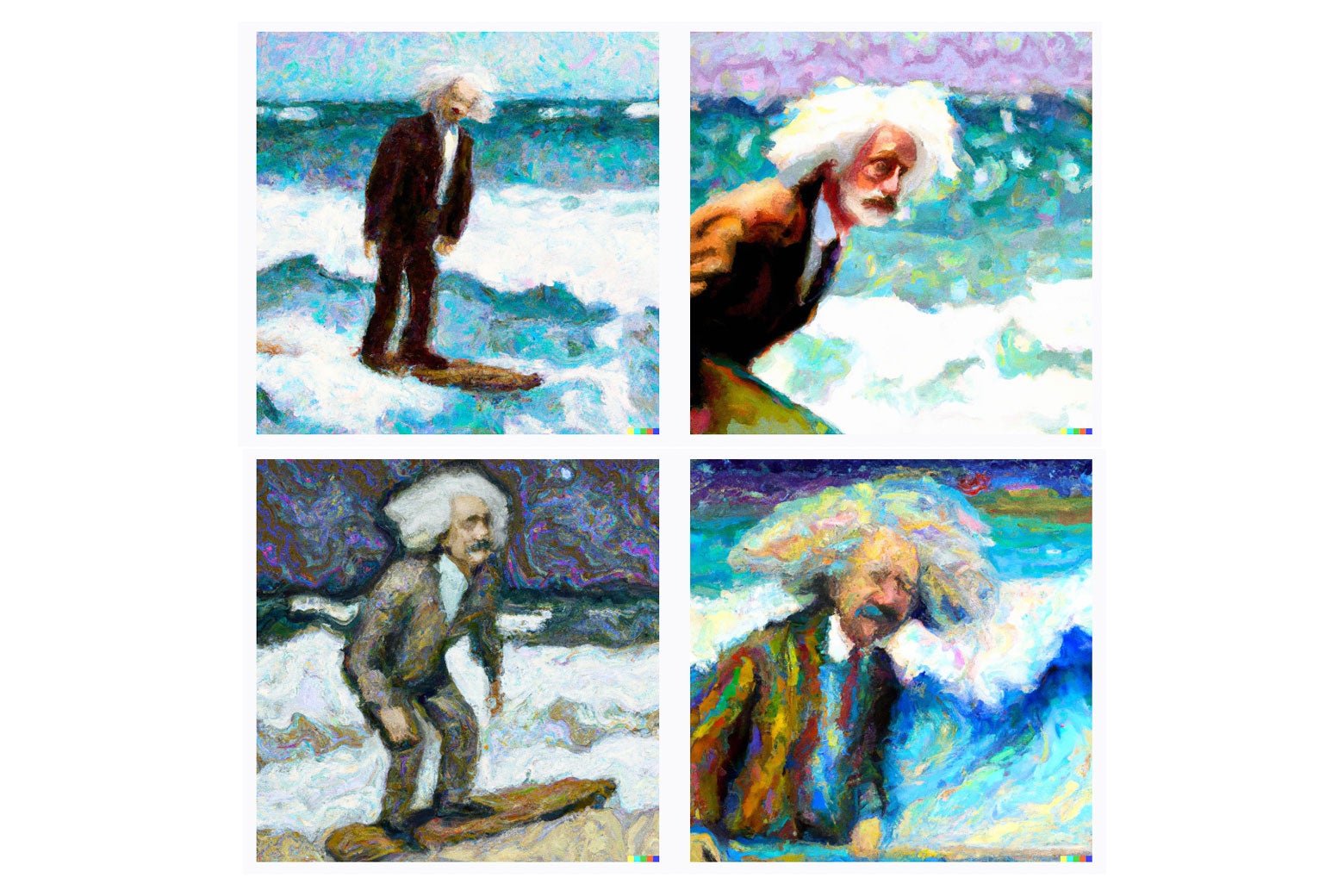 Four Impressionistic images of Einstein surfing, each slightly different.