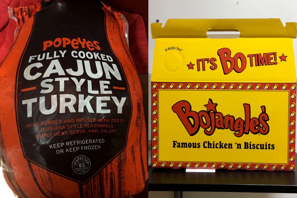 At left: A Popeyes turkey in its wrap. At right: A Bojangles’ turkey in its box.