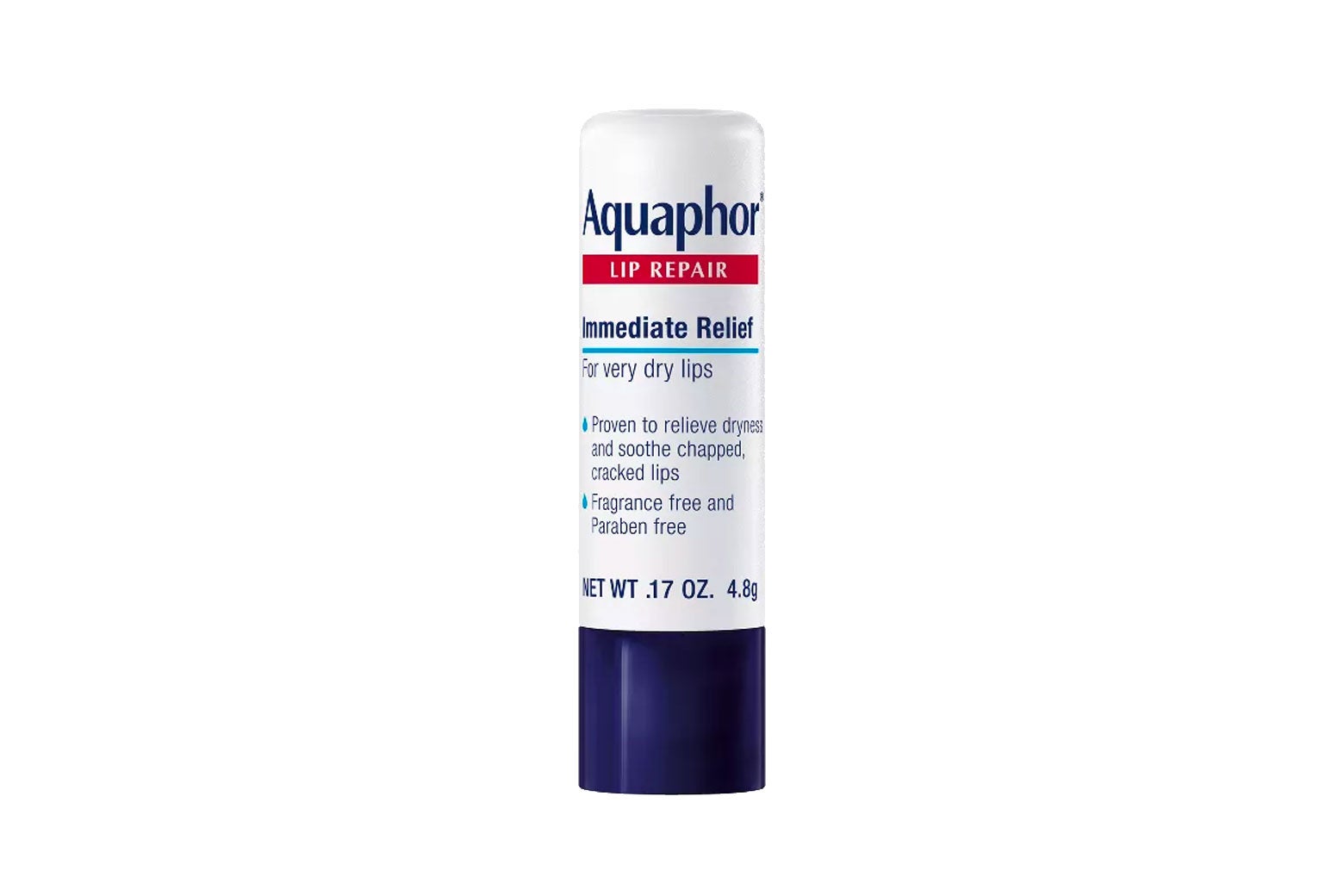 A tube of lip balm of the Aquaphor brand boasts immediate relief.