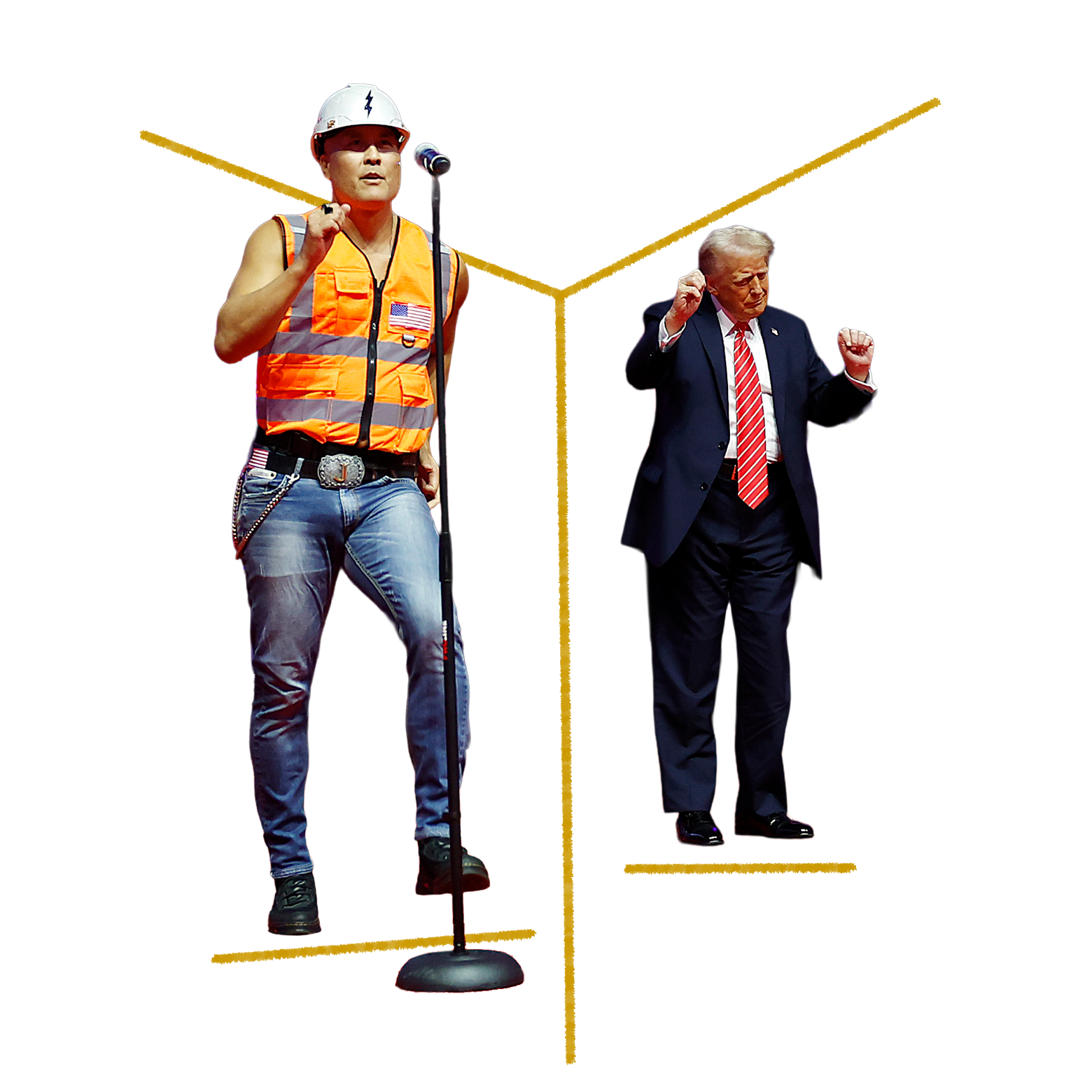 Trump dancing and a member of the Village People.