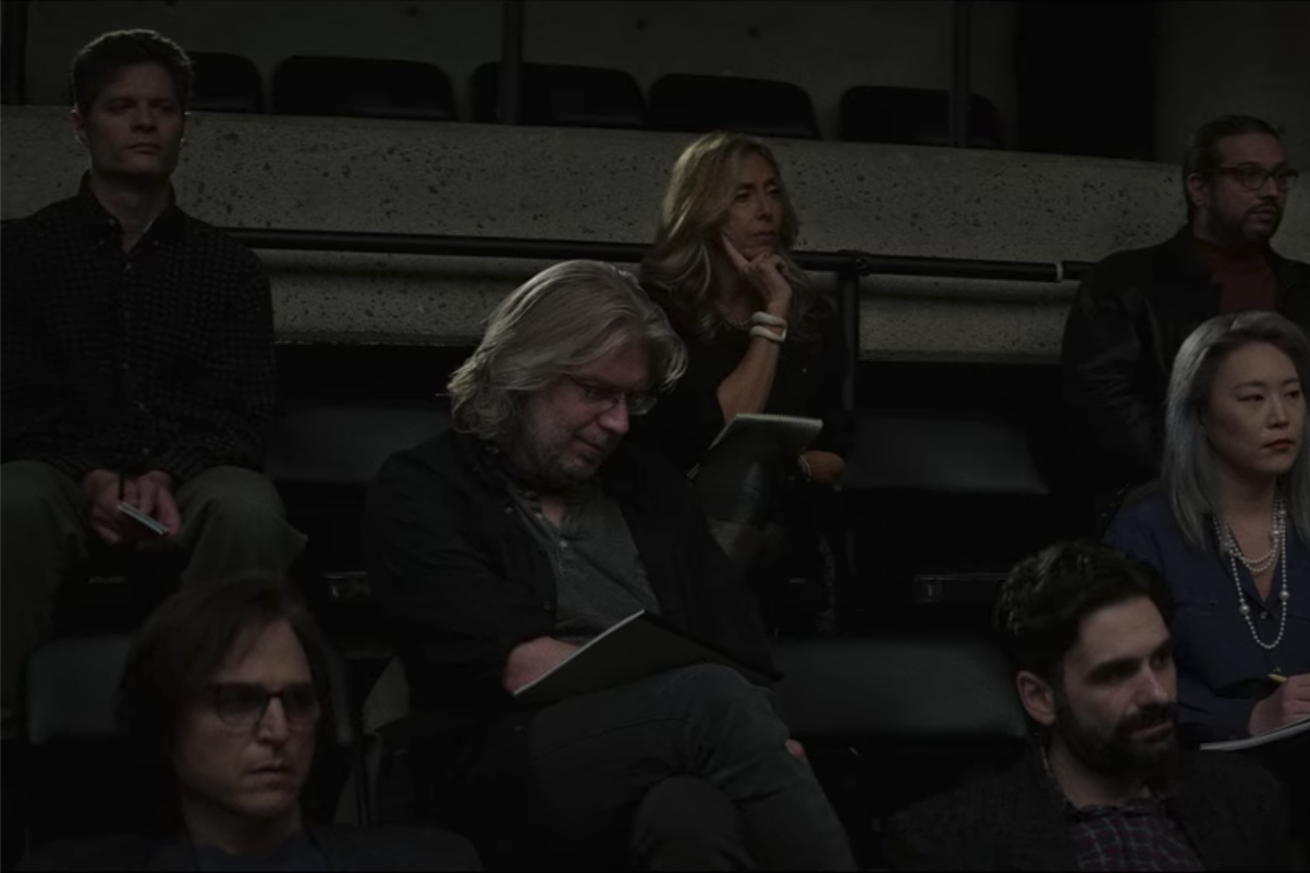 Tom Kitt, Amanda Green, Jaime Lozano, Dave Malloy, Helen Park, Stephen Trask, Joe Iconis sit attentively as audience members.