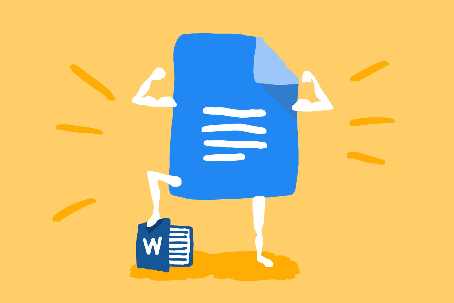 Illustration: A Google Docs logo with arms and legs poses while using a logo of Microsoft Word as a stepstool. Illustration by Natalie Matthews-Ramo. Google Docs is the best editor.