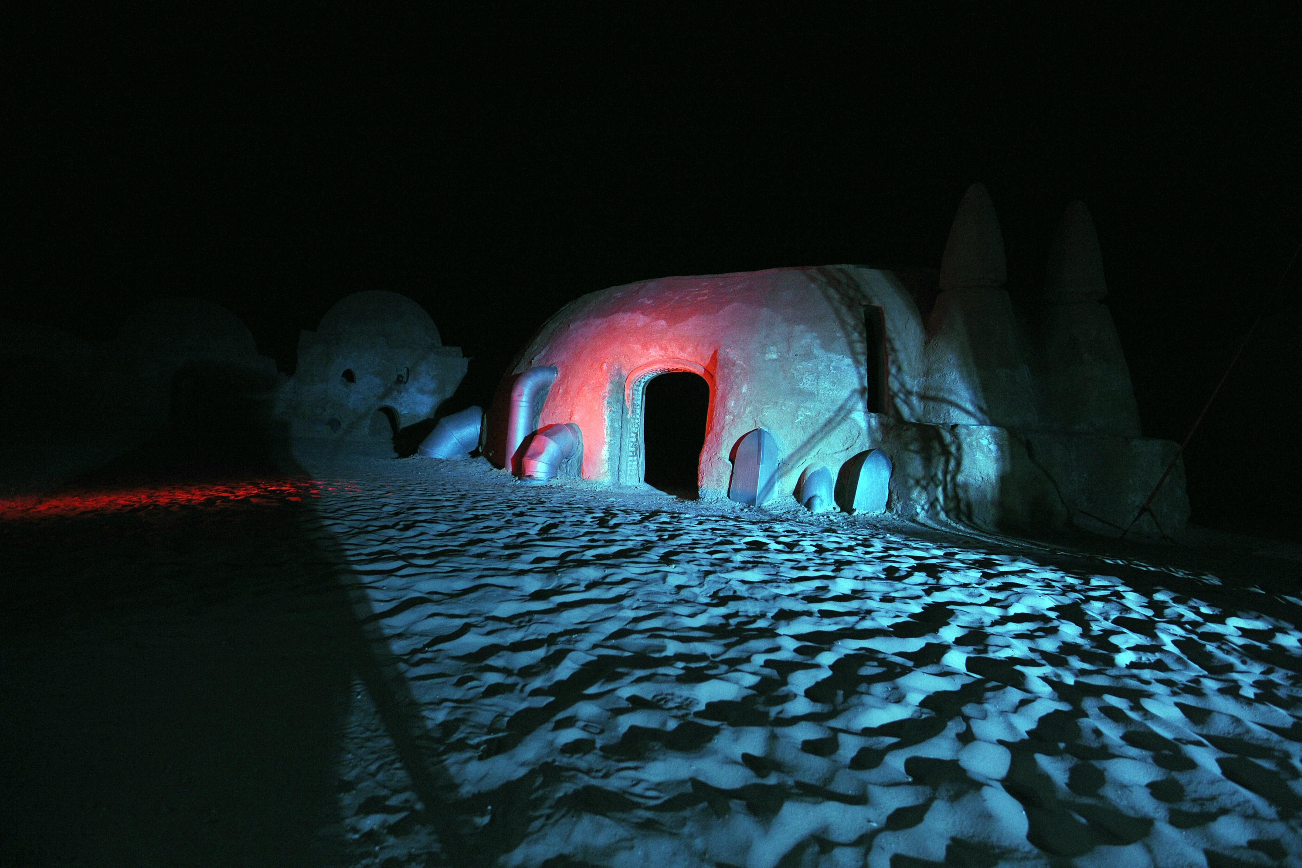 A picture taken on May 3, 2014 shows, amidst desert sand, a film set where numerous Star Wars scenes were filmed in Ong Jmel, in southern Tunisia. The first international meeting of Star Wars fans takes place in Tozeur, in southern Tunisia, until May 4, 2014. AFP PHOTO / FETHI BELAID (Photo credit should read FETHI BELAID/AFP/Getty Images)