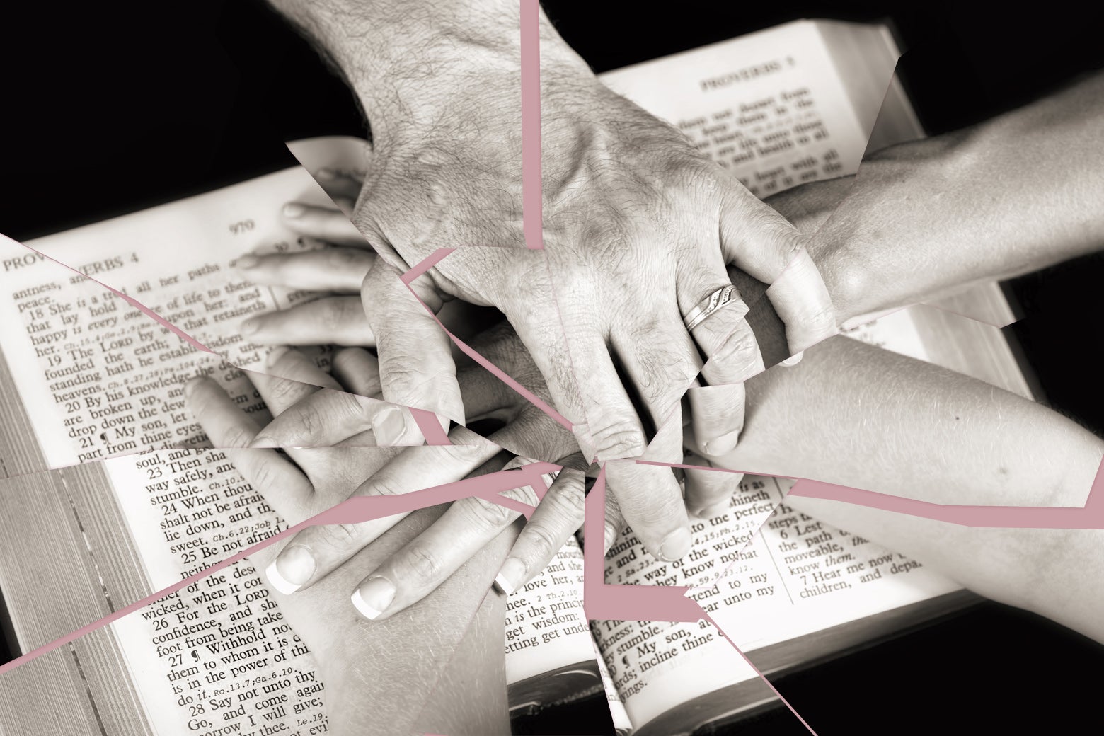 Many hands are stacked on a Bible but the image is shattered. 