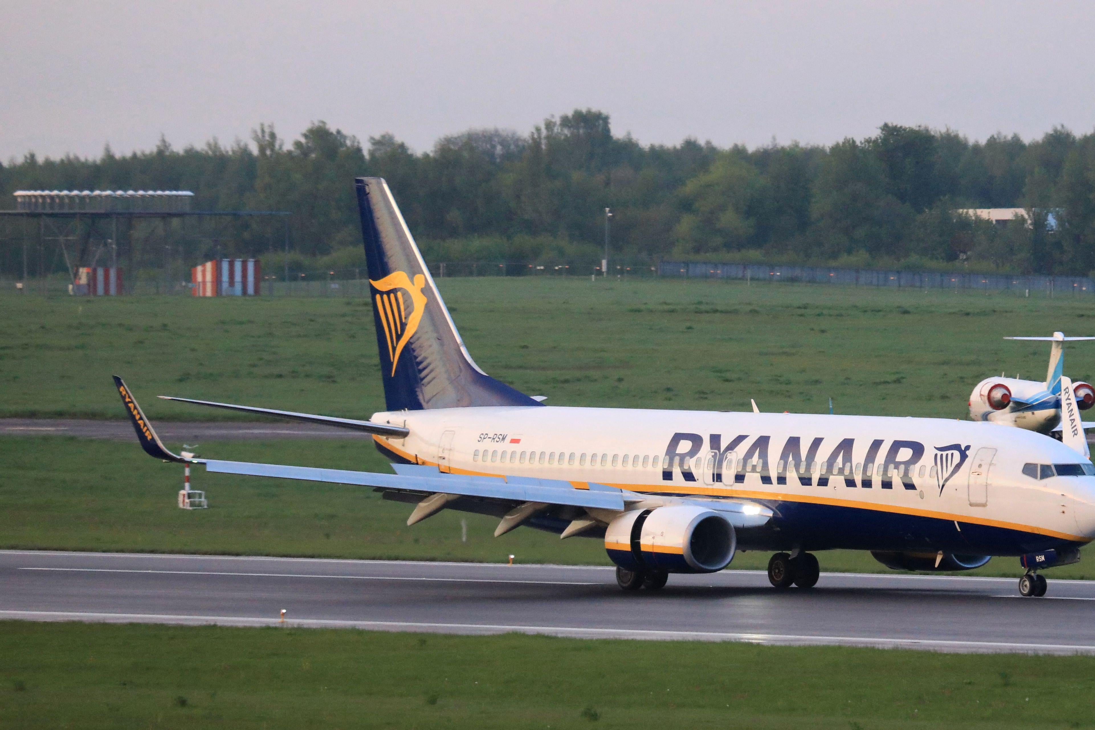 A photo taken on May 23, 2021 shows a Ryanair passenger plane from Athens, Greece, that was diverted to Minsk on the same day by Belarus authorities, landing at the airport in Vilnius, its initial destination. 