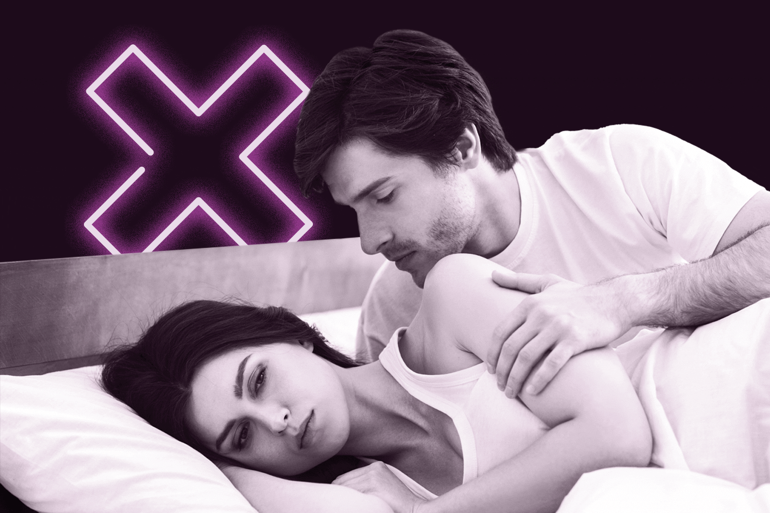 A husband holds his wife in bed and wants to have sex but she doesn't want to and looks mad. Neon pink X in the background. 