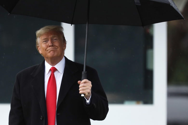 President Donald Trump smiles while standing under an umbrella on the South Lawn.