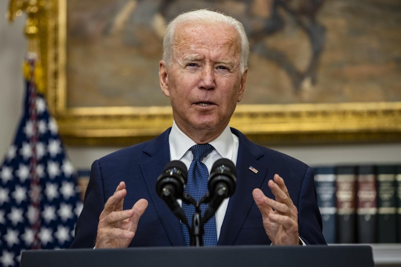 President Joe Biden speaks in the Roosevelt Room on the continuing situation in Afghanistan and the developments of Hurricane Henri at the White House on August 22, 2021 in Washington, D.C.