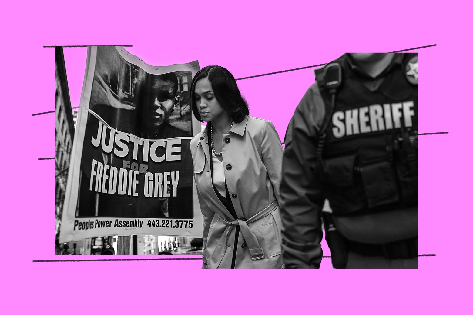 A collage of Marilyn Mosby, a sheriff, and a protester's sign that says "Justice for Freddie Gray."