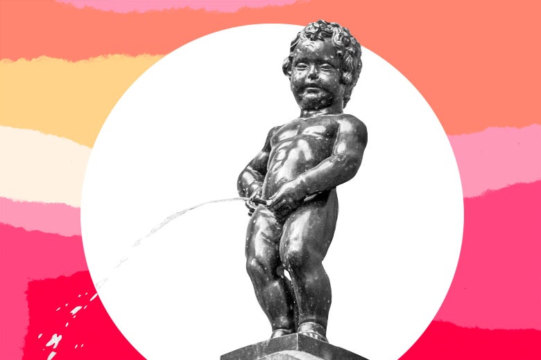 Photo illustration of a sculpture of a boy peeing in a pool of water.