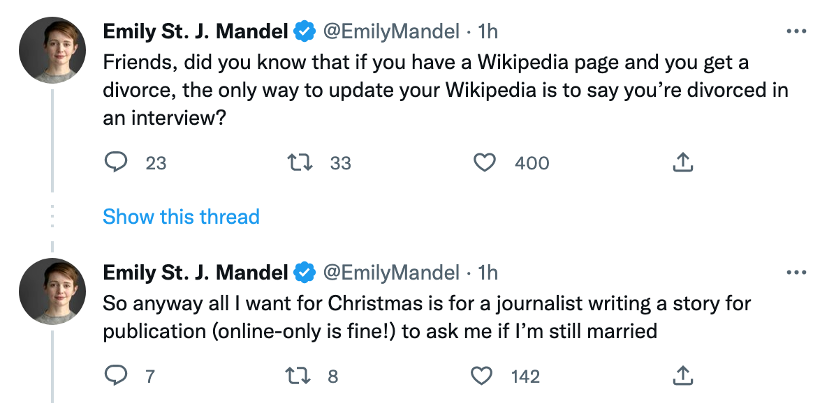 Emily St. John Mandel is divorced, Wikipedia.