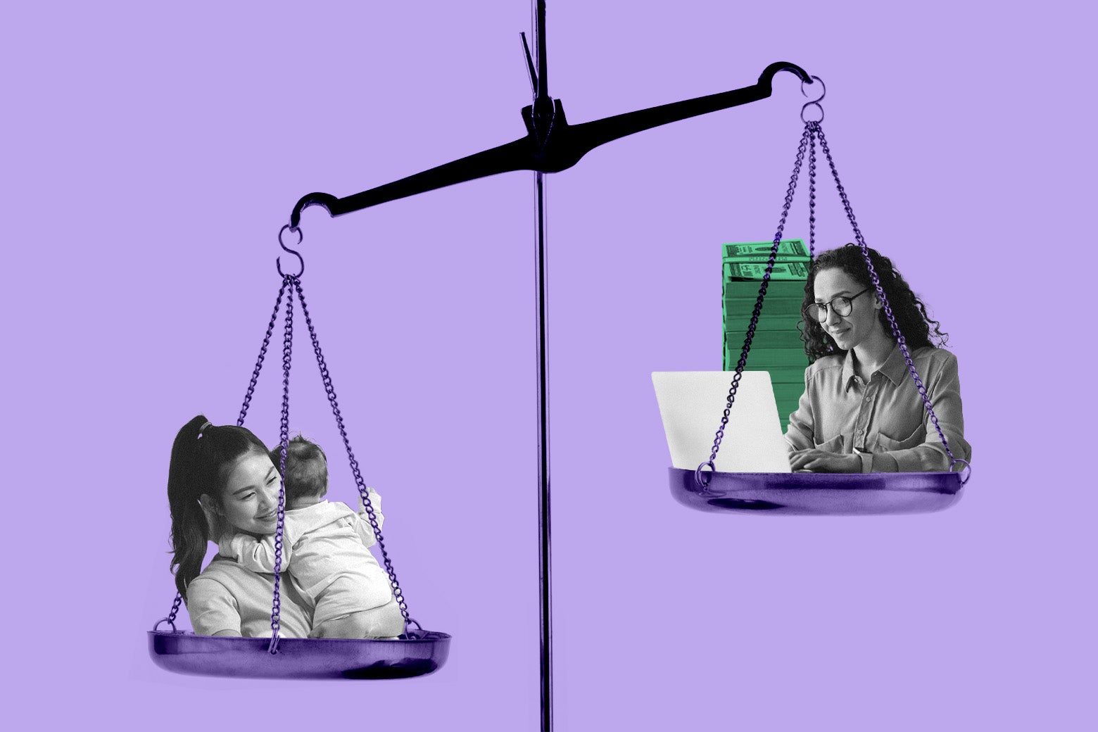 An unbalanced scale with a woman holding a baby pulling it down further on one side than a woman on a laptop on the other side.