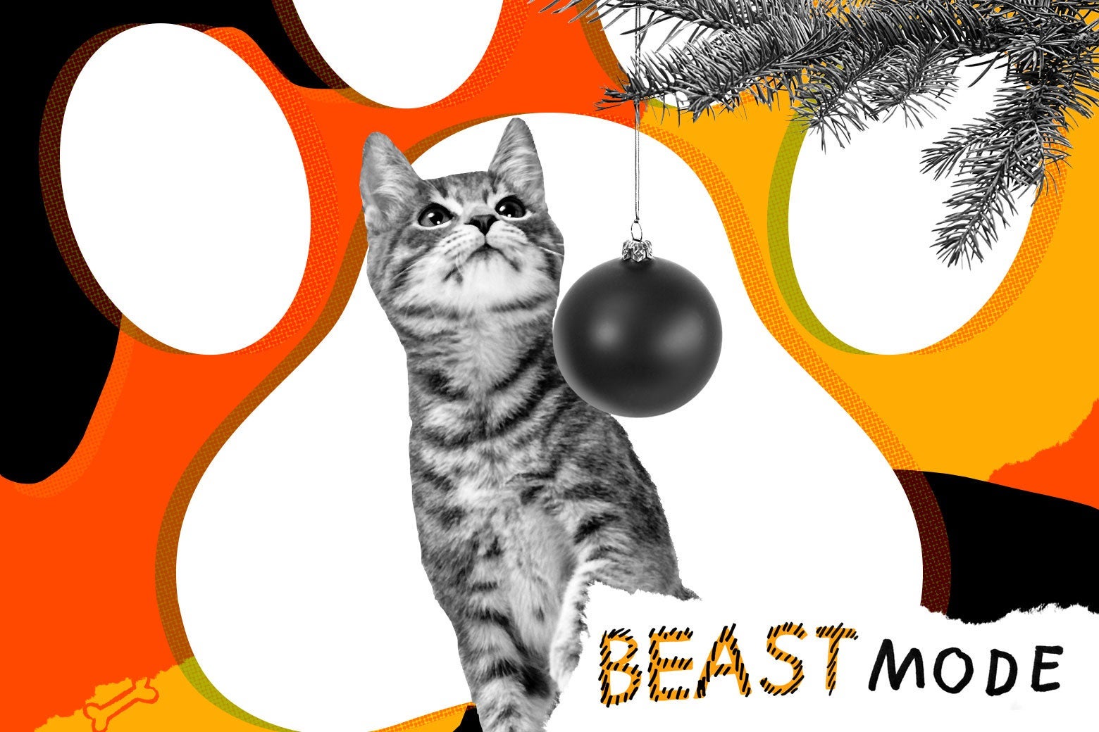 A cat looks up toward an ornament on a Christmas tree. A logo reads: Beast Mode.