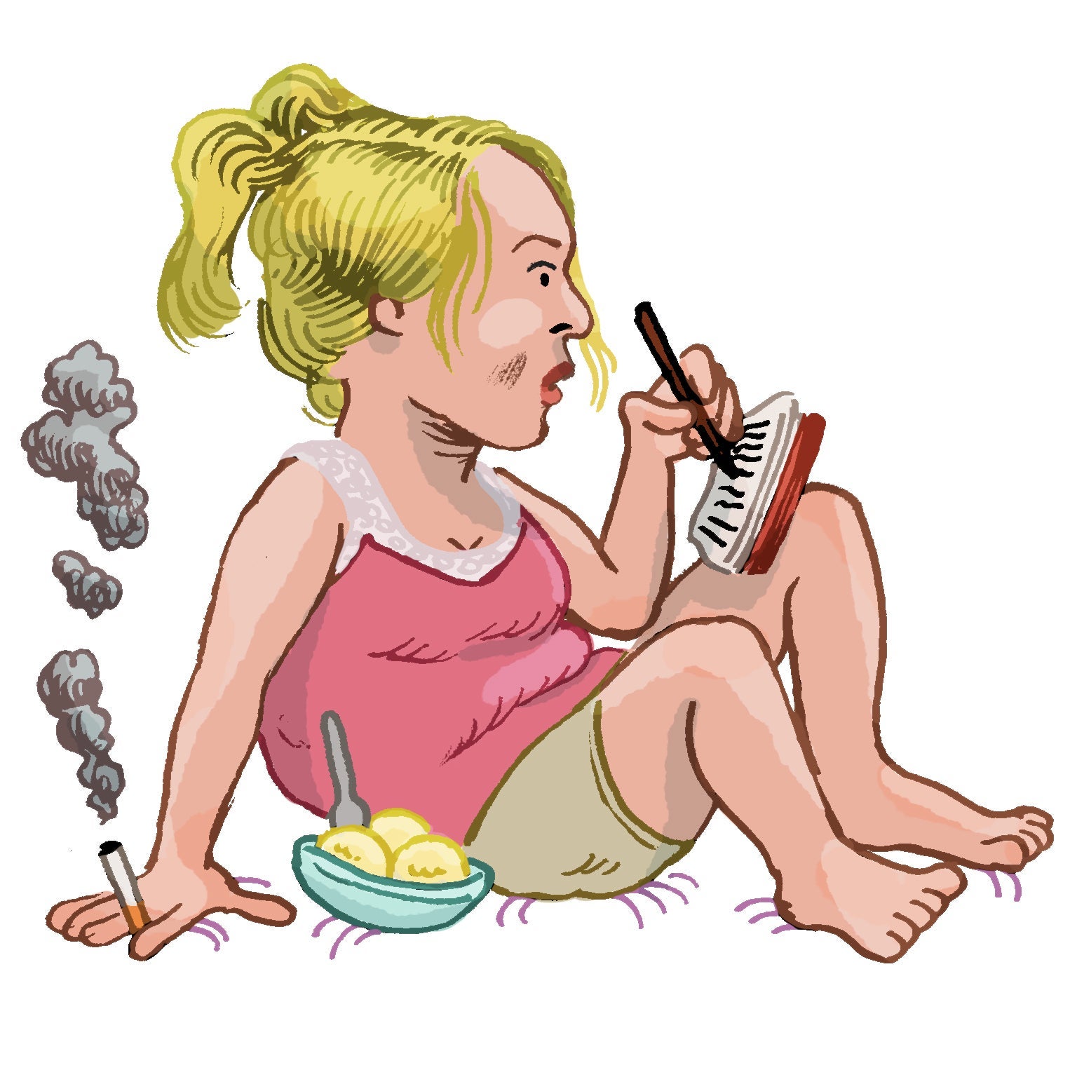 Illustration of Bridget Jones writing in her diary with one hand and holding a cigarette in the other, with a bowl of ice cream beside her.