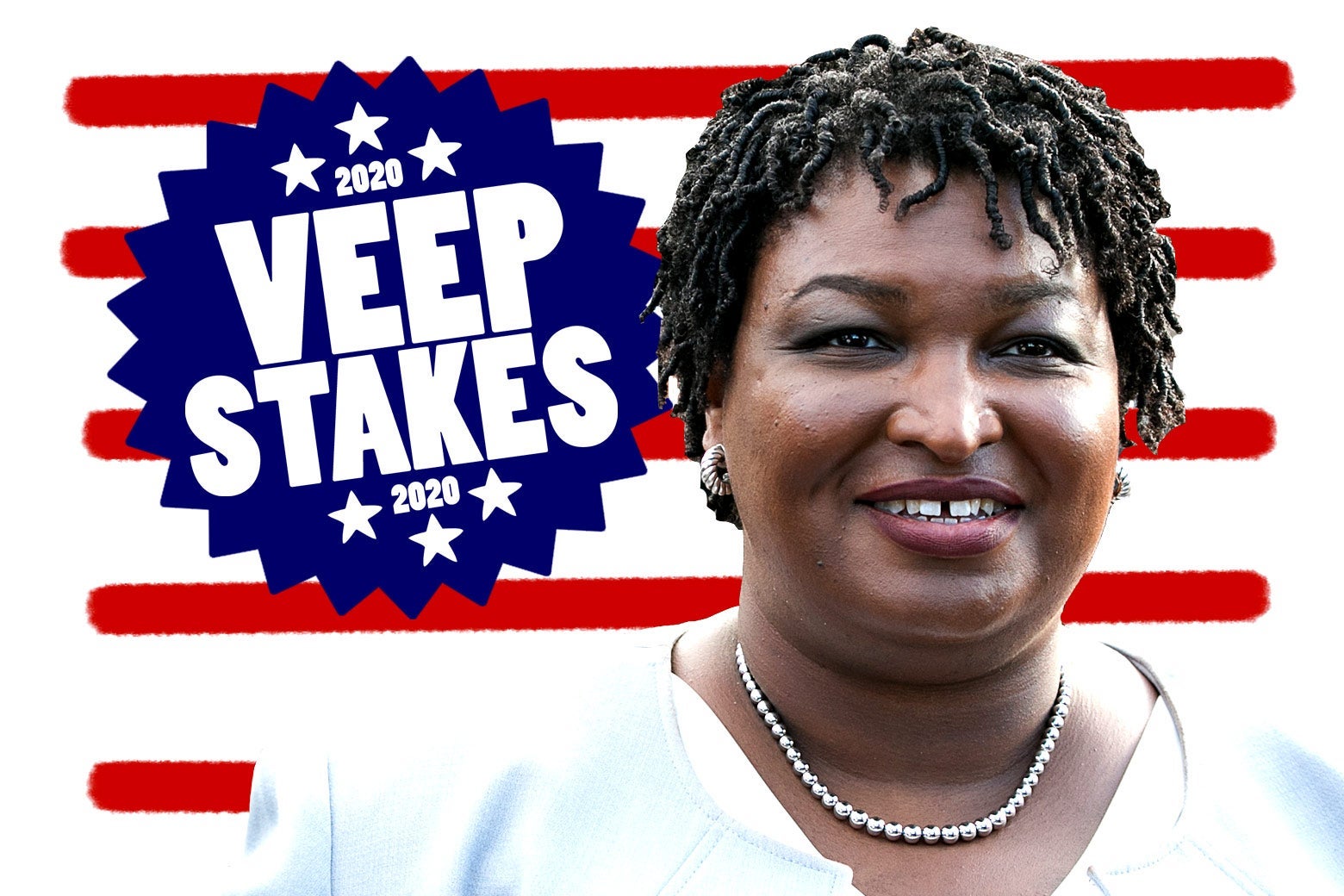 Abrams in a pale blue blazer appears over a backdrop of red stripes and a blue "2020 VEEP STAKES 2020" badge.
